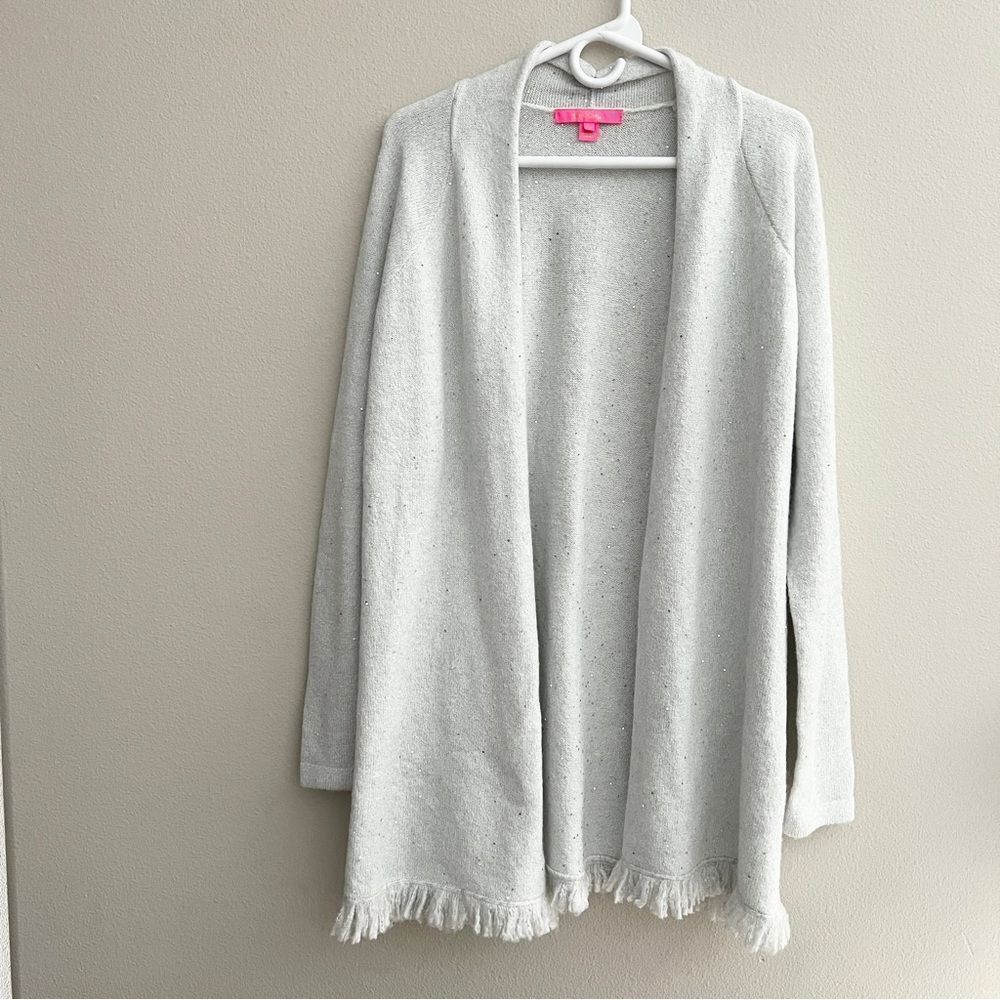 Lilly Pulitzer Tatum Sequin Fringe-Trim Cardigan Women’s Size Large Gray Sparkle